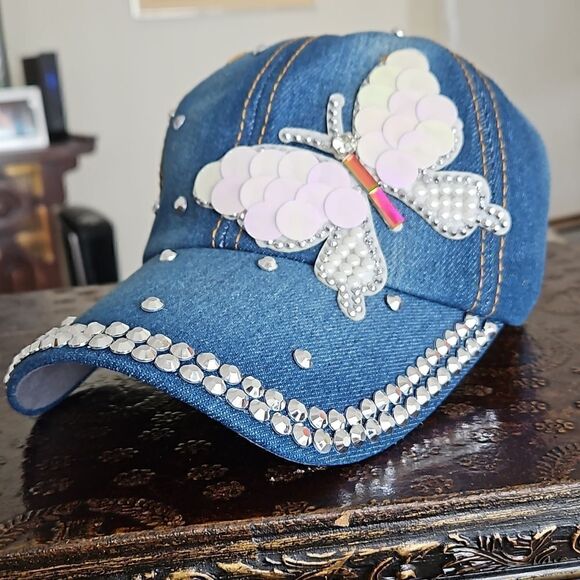 NWOT Blue denim baseball hat with butterfly and silver studs - Picture 1 of 6